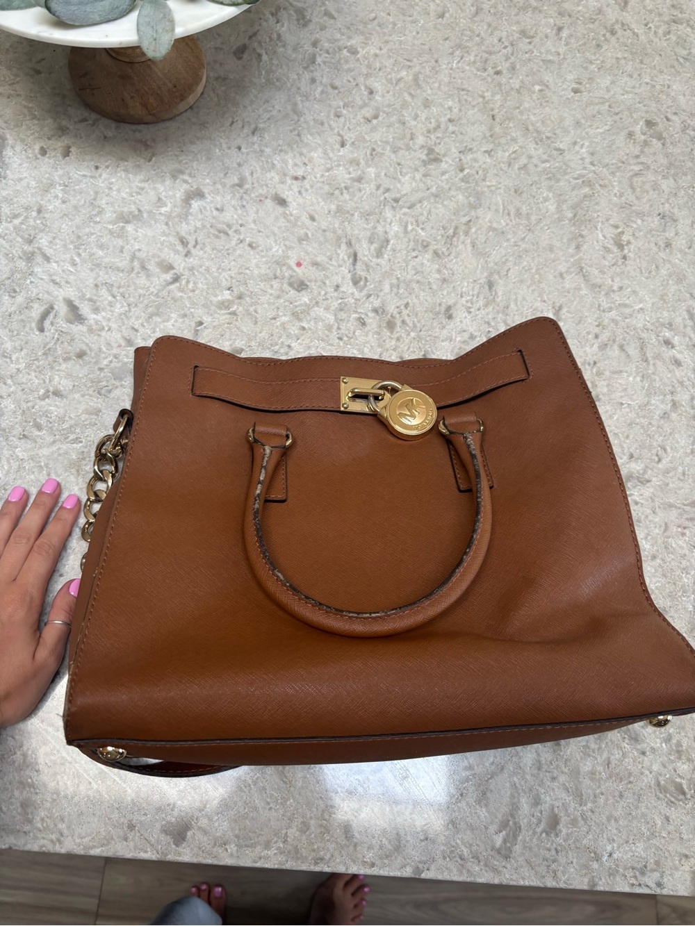 Michael Kors Cognac Leather Tote with Gold Accent Lock